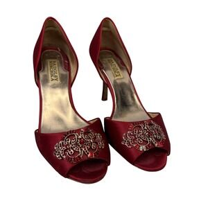 Badgley Mischka Shoes Womens Size 8 Red D'Orsay Peep Toe Jeweled Heels Pumps